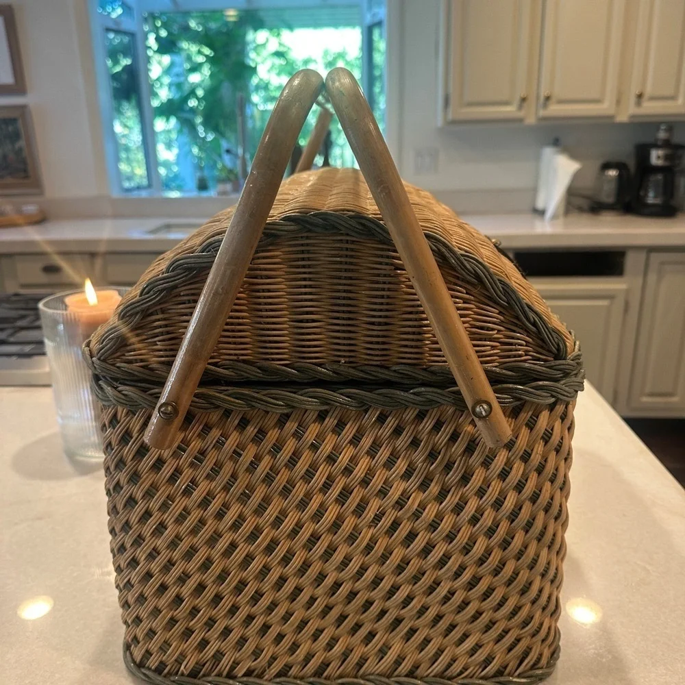 Vintage Wicker Picnic Basket with Green Checkered Accessories. Cottagecore